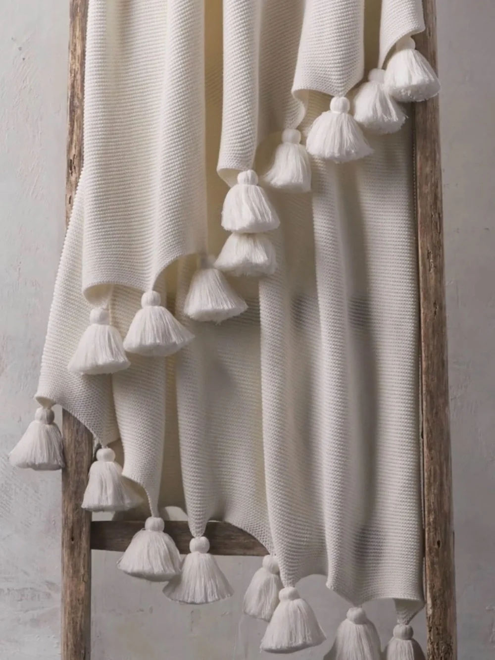 Arhaus Ivory Knit Pom Pom Tassel Throw Blanket